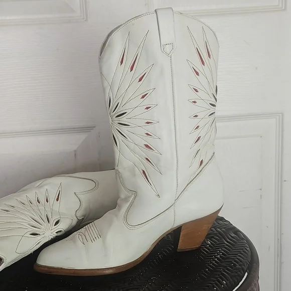 Dingo Vintage White Leather Western Cowboy Boots Laser Star Cutout Size 6.5 - Picture 5 of 15